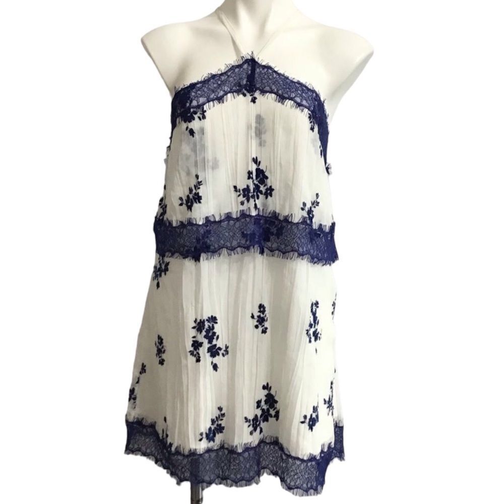 Devlin White/Blue Sheer Halter Mini Dress Size M